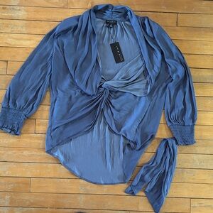 EUC Current Air Draped Satin Twist-Front Blouse in Steel Blue